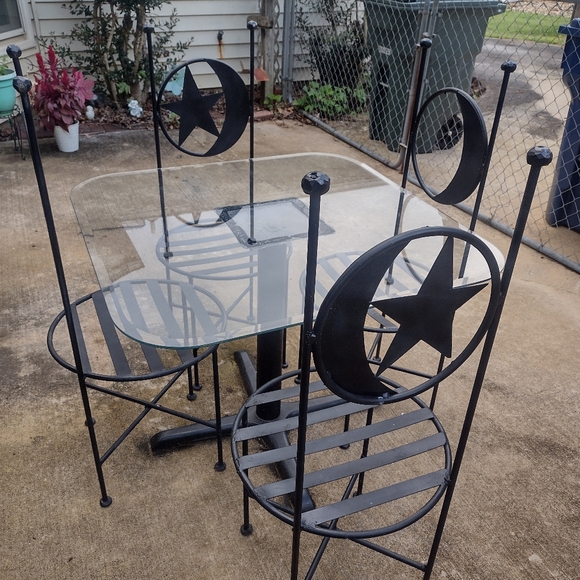 Antique French Wrought Iron Forged Outdoor Chairs w Wrought Iron Glass Top Table - Picture 16 of 16